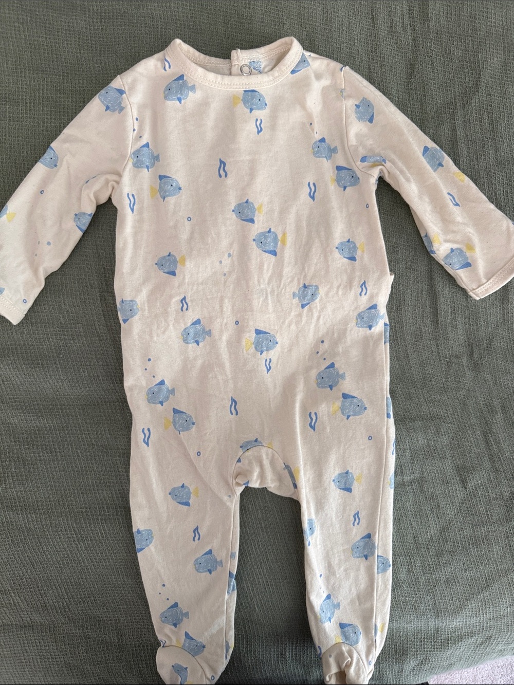 Cream Baby Footed One-Piece with Blue Fish Print